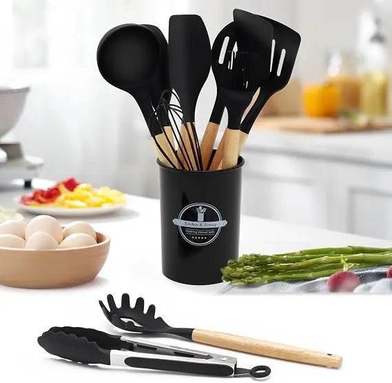 12pcs Non-Stick Silicone Kitchen Utensil Set with Wooden Handles
