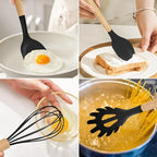 12pcs Non-Stick Silicone Kitchen Utensil Set with Wooden Handles
