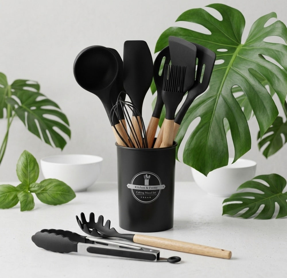 12pcs Non-Stick Silicone Kitchen Utensil Set with Wooden Handles